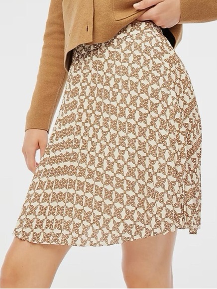 J. Crew Cream And Brown Floral Tile Pleated A-Line Skirt